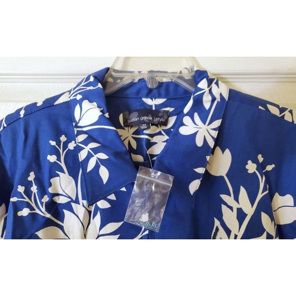 SUSAN GRAVER WOMENS LINED FLORAL BLUE WHITE ZIP BLAZER GLASS EMBROIDERY XL NWOT - Picture 2 of 8